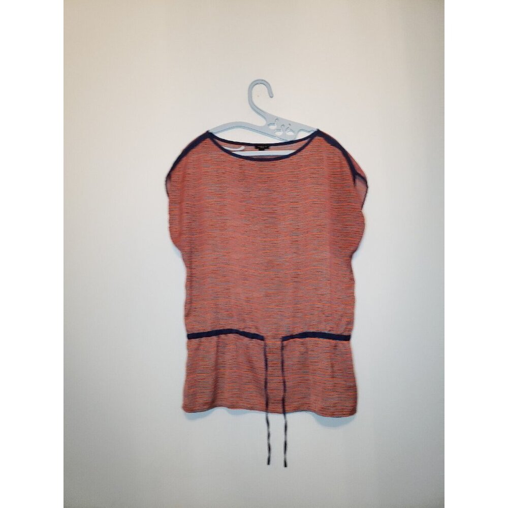 Ann Taylor Womens Sz M Blouse Short Sleeve Stripe Orange Blue Drawstring Waist